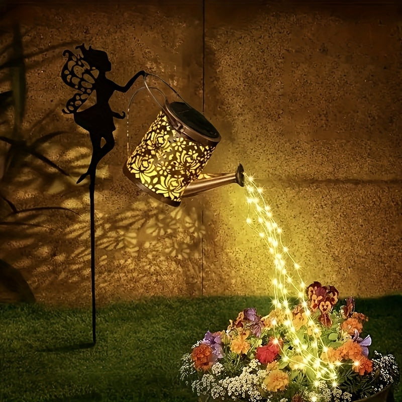1 regadera solar con luces LED de hadas, decoración metálica para exteriores, ideal para jardín, césped o fiestas, regalo perfecto para mamá, vecinos y amigos