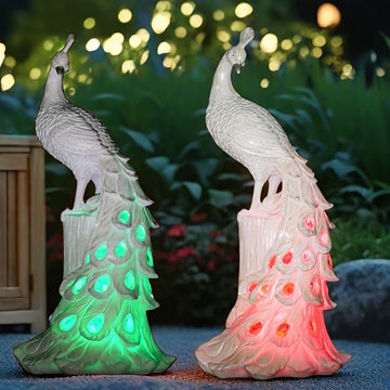 Estatuilla de pavo real con luz solar, adorno de resina con botón de control, batería de níquel de 600mAh, para jardín, patio, césped, estanque, balcón, terraza, decoración navideña y festiva