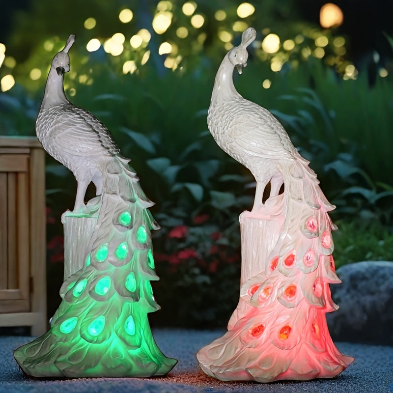 Estatuilla de pavo real con luz solar, adorno de resina con botón de control, batería de níquel de 600mAh, para jardín, patio, césped, estanque, balcón, terraza, decoración navideña y festiva