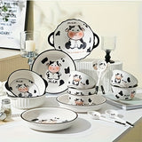 Juego de vajilla de cerámica moderna con lindo diseño de vaca de dibujos animados, platos y cuencos redondos con temática animal, adecuado para residencias universitarias y estudiantes universitarios - Juego de 3/4 piezas