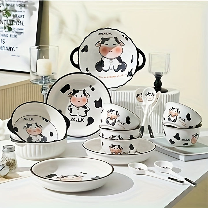 Juego de vajilla de cerámica moderna con lindo diseño de vaca de dibujos animados, platos y cuencos redondos con temática animal, adecuado para residencias universitarias y estudiantes universitarios - Juego de 3/4 piezas