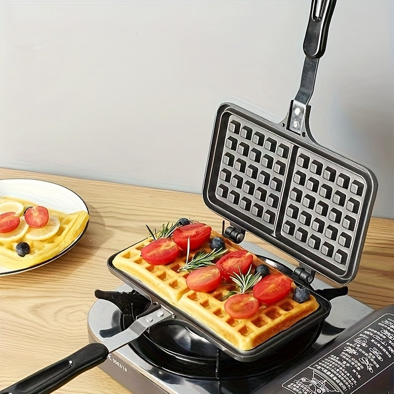 Máquina para hacer waffles doble - Parrilla de metal resistente sin electricidad con rejilla de 8 secciones, mangos ergonómicos y diseño compacto para cocina casera, desayuno, almuerzo o uso comercial, electrodoméstico para desayuno, construcción robusta