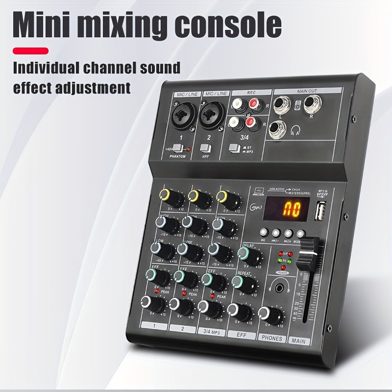 Mezclador de Audio Profesional LX01 | Multicanal con Alimentación USB | Consola Negra en Aleación con Pantalla Digital y Controles Individuales para Canales | Ideal para Transmisiones, Karaoke y Estudios Caseros | Diseño Compacto con Reproductor de MP3 |
