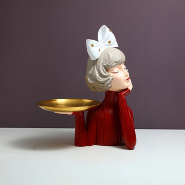 Figura Artística de Chica Abstracta con Bandeja de Almacenamiento - Decoración para el Hogar en Resina Pintada a Mano, No Necesita Baterías, Ideal para Navidad, Perfecta para Acción de Gracias, Sin Contacto con Alimentos