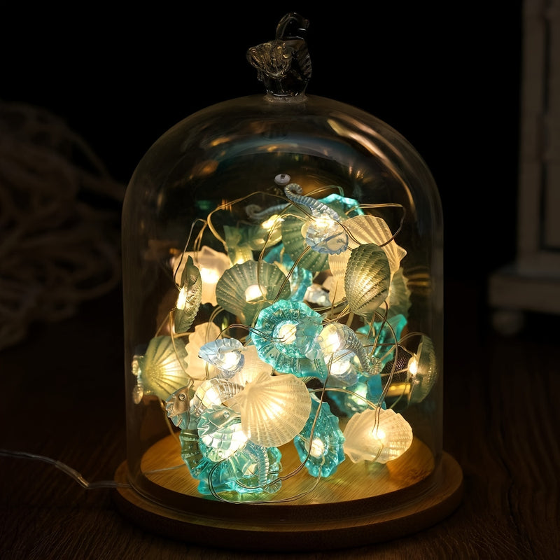 Luces LED de alambre de cobre con diseños de estrellas de mar, caballitos de mar, conchas y caracoles, decoración para el hogar, fiestas, bodas y festivales, funcionan con pilas, 36V seguro, pilas no incluidas, iluminación festiva, luces con batería, dec