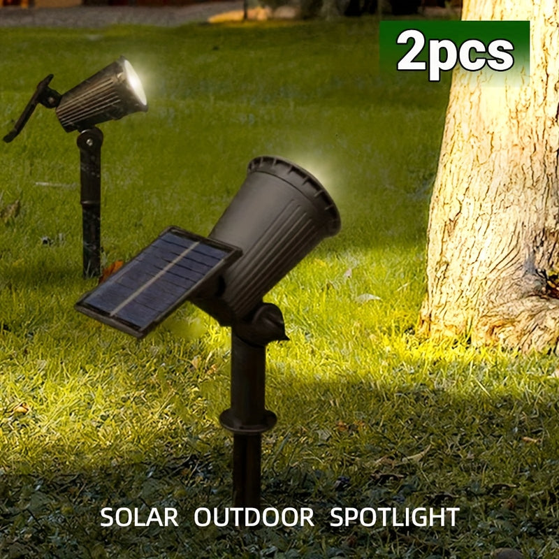 2 piezas de luces solares de 9 LED, IP65, impermeables, exteriores, RGB, solares, de paisaje, con brillo ajustable para jardines, patios, árboles, garajes, patios traseros, decoración de césped, farolas de calle, luces de foco.