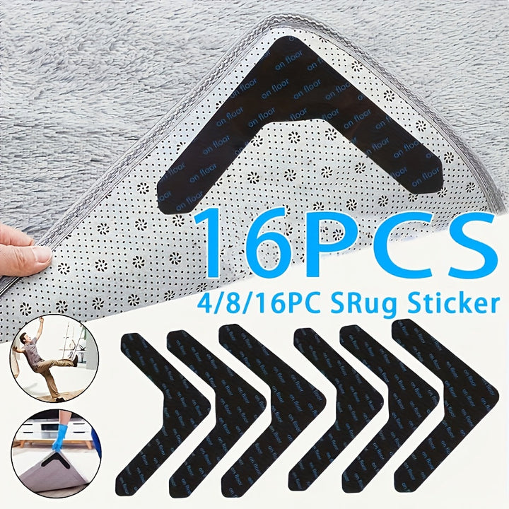 Cinta adhesiva de doble cara para alfombras, disponible en 4, 8 o 16 unidades, diseñada para prevenir resbalones. Esta cinta lavable es adecuada para alfombras de área y puede ser reutilizada, lo que la hace ideal para pisos de madera y baldosas.