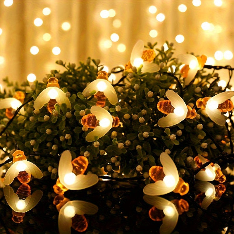 Luces de hada de jardín navideño solares en forma de abeja, pack de 2, 60 LED, luces de jardín de tema animal de plástico, control de botón, luz blanca, alimentadas por energía solar con batería de níquel de 600mAh, función de parpadeo, paneles solares r