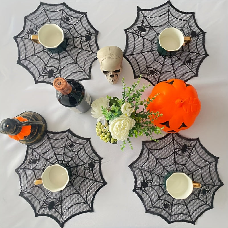 1/2/4/8 piezas, servilletas de mesa de poliéster con encaje negro, servilletas redondas para Halloween, decoración de mesa, servilletas estilo occidental, decoración del hogar, regalos