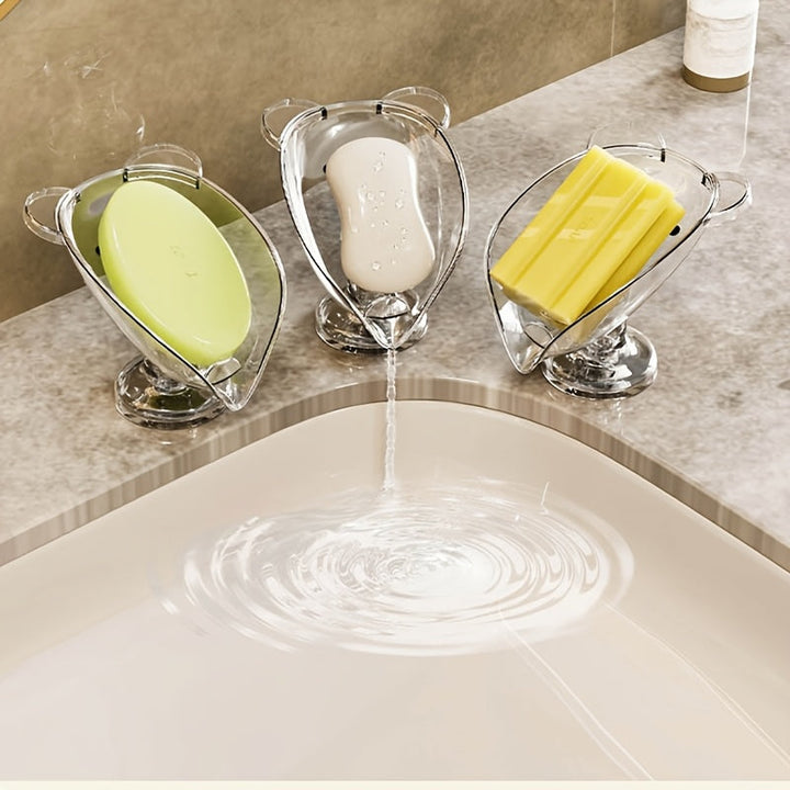 Plato de jabón ovalado de plástico transparente elegante, diseño de oso de dibujos animados, con ventosa y orificio de drenaje, para baño, cocina y ducha - Portasabón sin adhesivo, sin taladrar.