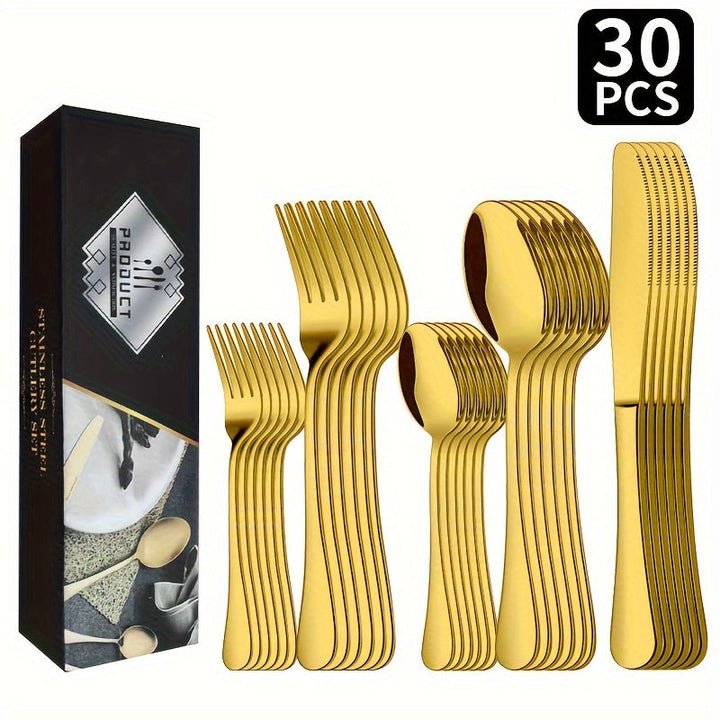 Conjunto elegante de 30 piezas de cubiertos de acero inoxidable, cubiertos pulidos a espejo con cuchillos para carne, tenedores, cucharas, aptos para lavavajillas, ideal para Navidad, Halloween, San Valentín