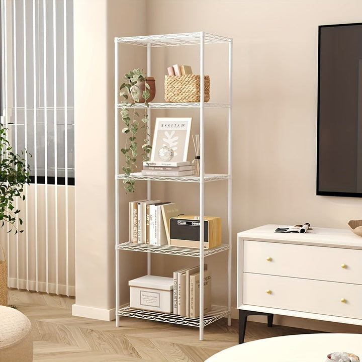 Estante de almacenamiento de metal clásico de 5 niveles, estante organizador de montaje en el piso de almacenamiento abierto para cocina, baño, dormitorio y sala de estar - Isla de almacenamiento estacionaria sin materiales de madera - Uso sin electricid