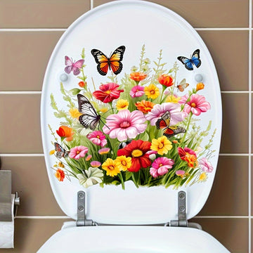 Calcomanía para Tapa de Inodoro de Flores y Mariposas - Pegatina de PVC Mate Reutilizable para Superficies de Baño de Cerámica, Forma Irregular, Arte de Pared Multiusos para Decoración del Hogar