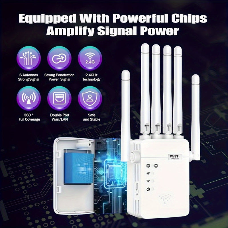Amplificador de WiFi 300Mbps con Puerto Ethernet, 6 Antenas (Cobertura 360°), Amplifica hasta 11.000 Pies Cuadrados, Compatible con Router/Modem, Soporta más de 35 Dispositivos - Blanco, Diseño Compacto y Duradero para Hogar u Oficina, Repetidor sin vari