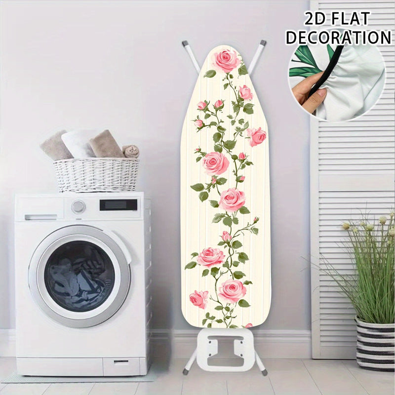 1 Funda de Tabla de Planchar Tamaño Completo - Diseño Plano 2D con Estampado Floral (Rosas Rosadas y Hojas Verdes), Relleno Antiadherente, Bordes Elásticos, Lavable a Máquina - Ajuste para Mesas de Planchar Estándar, Accesorio Decorativo para Lavandería,