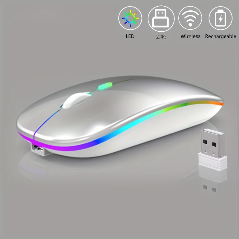 Ratón inalámbrico recargable, con luz LED, ergonómico y portátil, con función de doble modo 2.4G/5.0, botón silencioso, batería recargable incorporada, adecuado para ambas manos, estable y suave, baja latencia, apto para juegos, oficina y entretenimiento