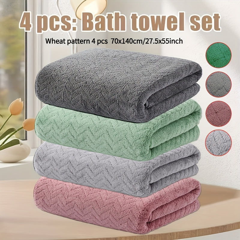 Juego de 4 toallas de baño de felpa coral 70x140 cm (27.5x55.1 pulgadas) en forma de gavilla de trigo, suaves, absorbentes, de secado rápido, sin desvanecimiento ni pelusa, ideales para uso diario en el hogar y en la ducha, perfectas para regalar en ocas