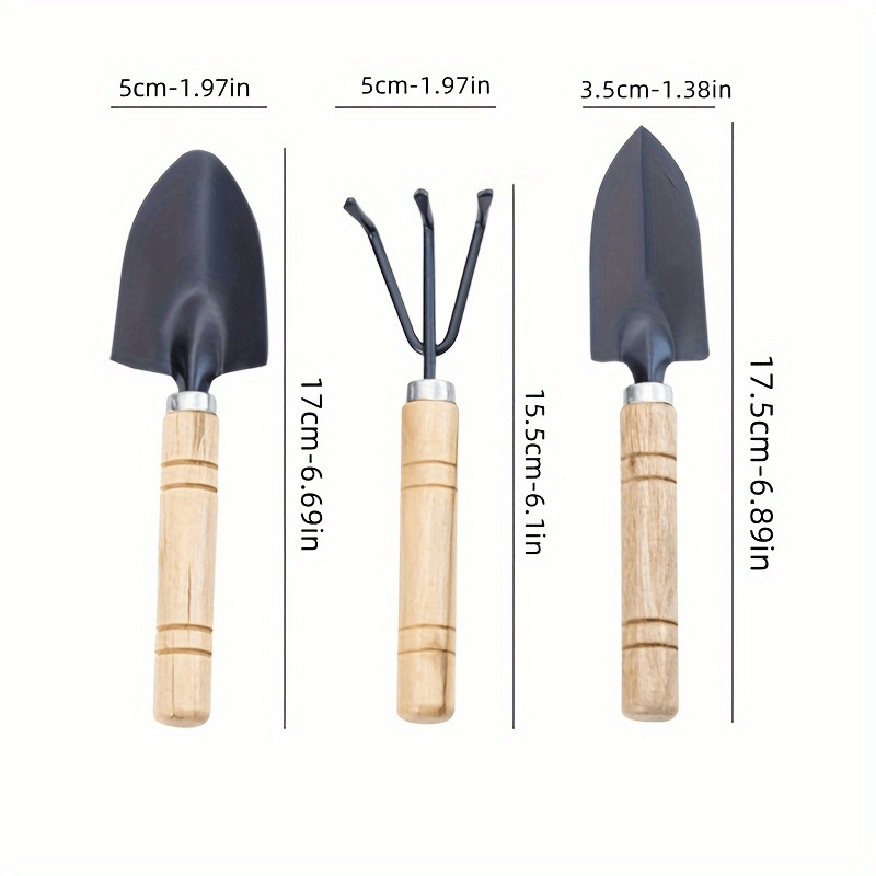 3 piezas de juego de herramientas de jardinería de mano - Mini pala, pala y rastrillo de metal y madera duraderos para suculentas, macetas y plantación, no se necesita electricidad