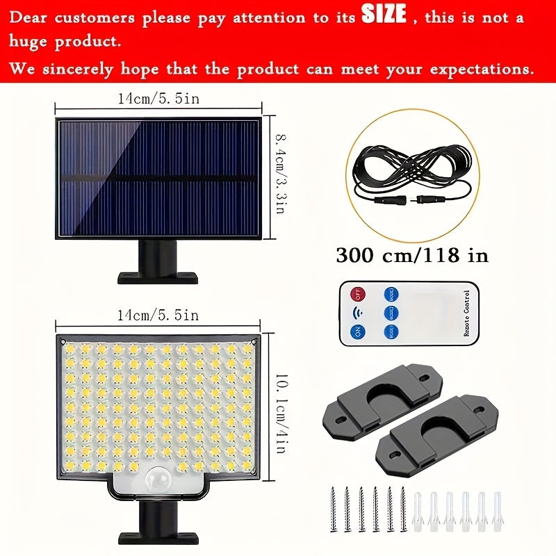 1pc Luz de Movimiento Exterior con Energía Solar y 106 LED con Ángulo Amplio de 135° para Iluminación desde el Anochecer hasta el Amanecer en Jardín y Garaje - Resistente al Clima, Control Remoto, Acabado Metálico Pulido, , Iluminación de Garaje | Luz Mo