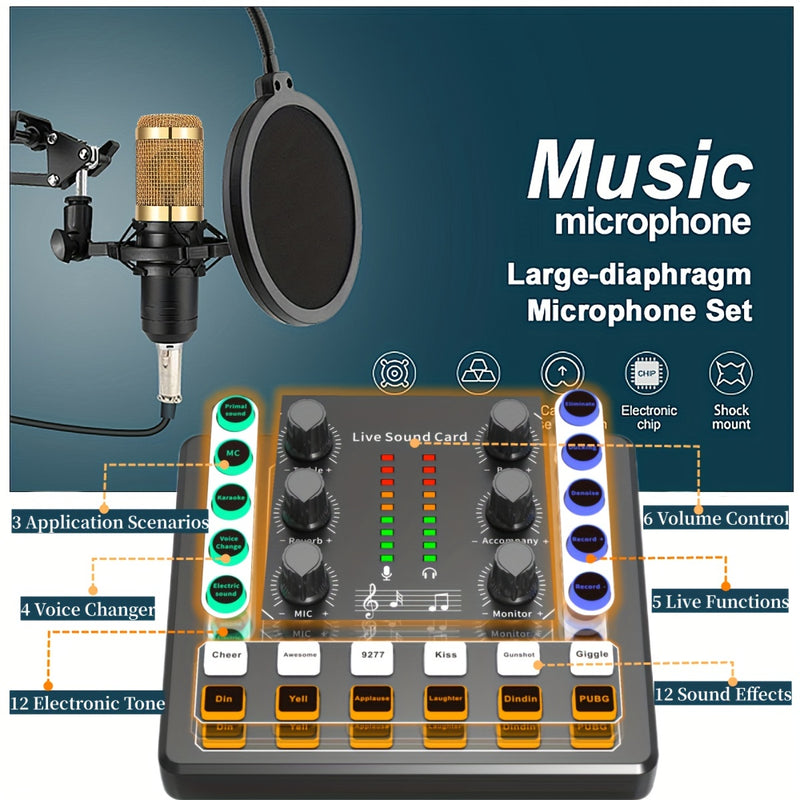 Paquete Todo en Uno de Equipo para Podcast con Micrófono Condensador BM800 y Tarjeta de Sonido En Vivo - Cancelación de Ruido DSP, 12 Cambiadores de Voz/Efectos de Sonido, Control de Volumen, Alimentado por USB/Pila, Brazo Ajustable & Filtro Anti-Pop par