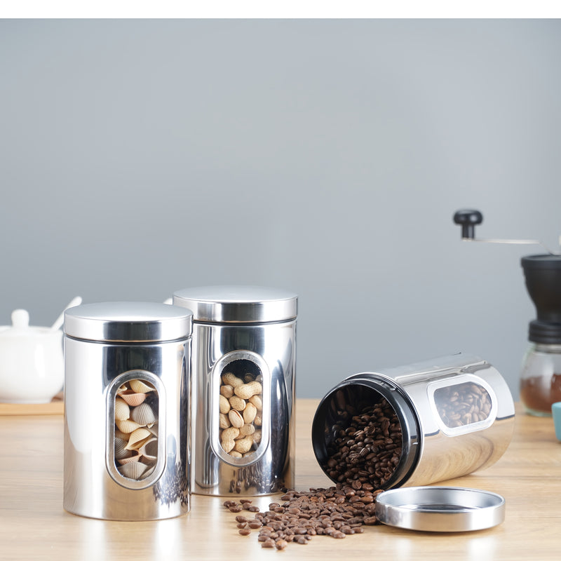 3 contenedores de acero inoxidable con ventana visible - Ideales para café, té, azúcar y granos - Reutilizables, organizador redondo de cocina con tapas abatibles, solución de almacenamiento para cocina|Vajilla moderna|Vajilla duradera