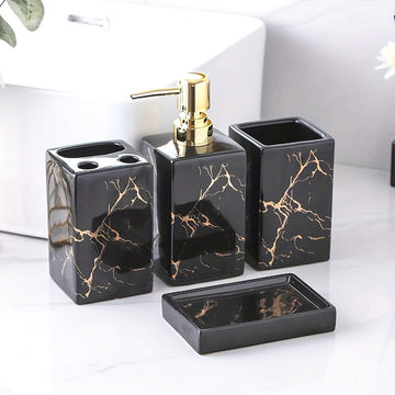 Juego de 4 piezas de accesorios para baño en blanco y negro con baño de oro: dispensador de jabón a presión, dispensador de gel de baño, contenedor de champú, portacepillos y jabonera