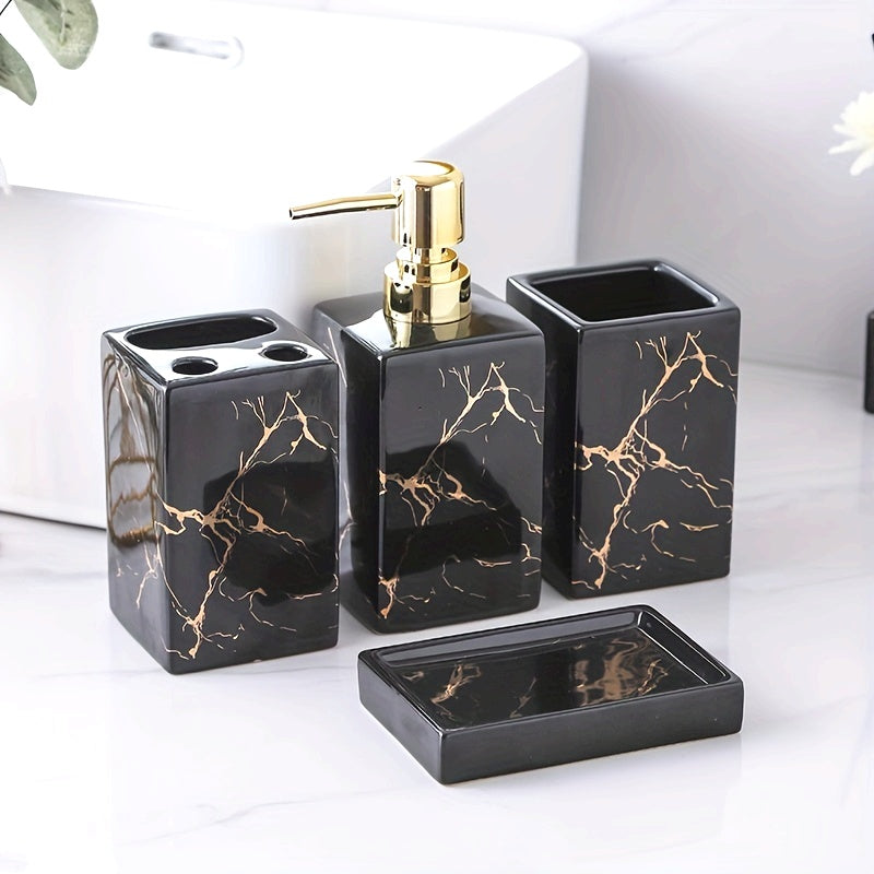 Juego de 4 piezas de accesorios para baño en blanco y negro con baño de oro: dispensador de jabón a presión, dispensador de gel de baño, contenedor de champú, portacepillos y jabonera