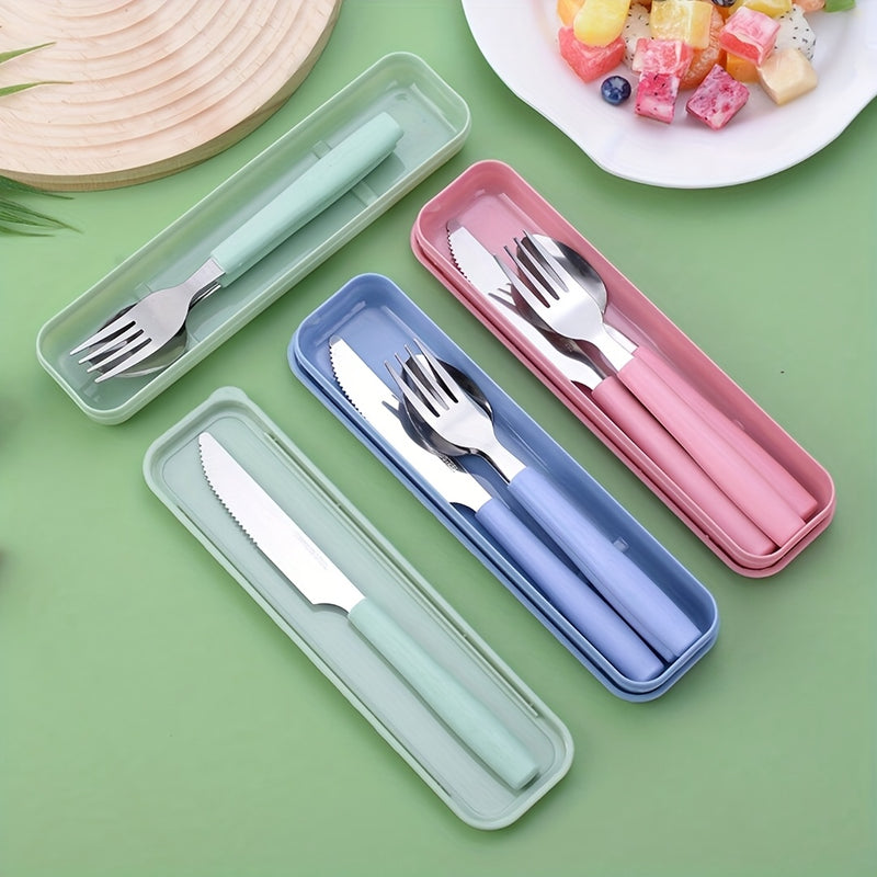 3 piezas de juego de cubiertos de viaje portátil de acero inoxidable, incluyendo cuchillo, tenedor, cuchara - Perfecto para oficina, escuela, picnic, camping y actividades al aire libre - Más adecuado para estudiantes y amigos pequeños con almacenamiento