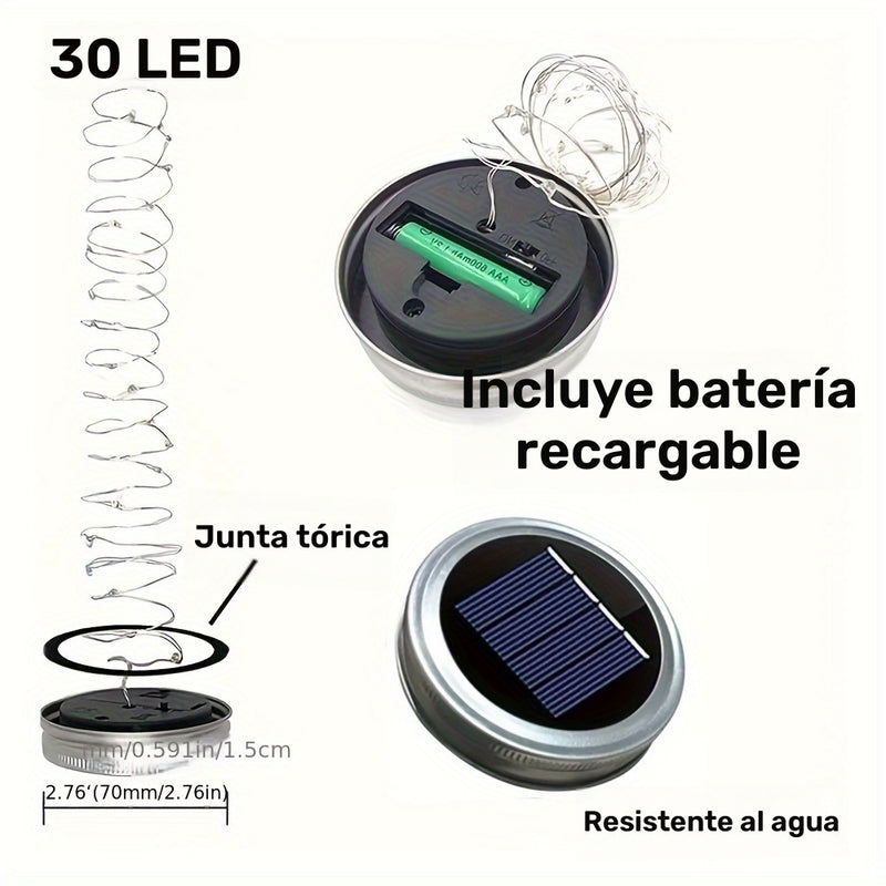 4/6pcs Luces de Hadas LED con Energía Solar, Luces de Cadena con Ganchos para Tapa de Tarro Mason - Ideales para Decoraciones Interiores y Exteriores, Navidad, Fiestas y Ambiente de Fiesta - Batería de Níquel Recargable, No Necesita Control Remoto, Luces