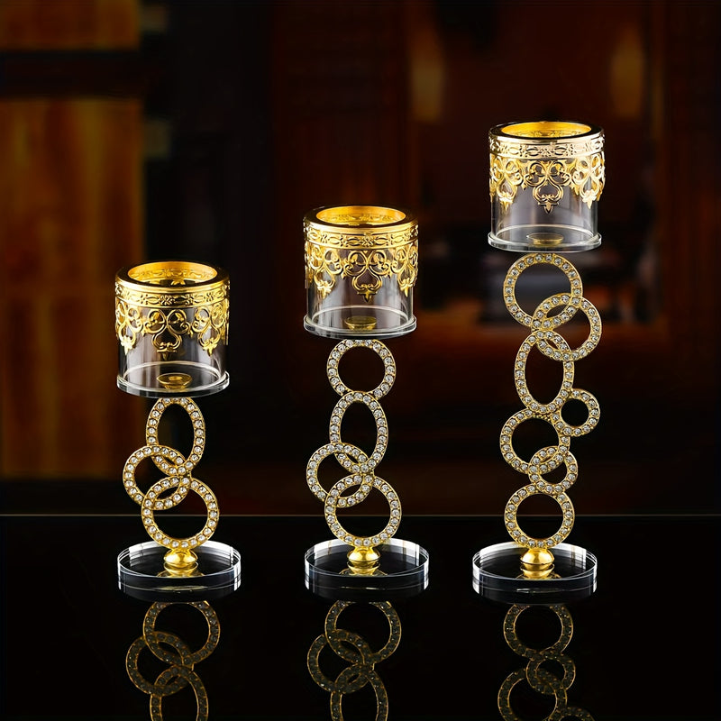 Juego de 3 piezas de soporte de velas de vidrio de cristal, elegante y romántico, con un toque de oro vintage, ideal para decoraciones navideñas, adornos de mesa.