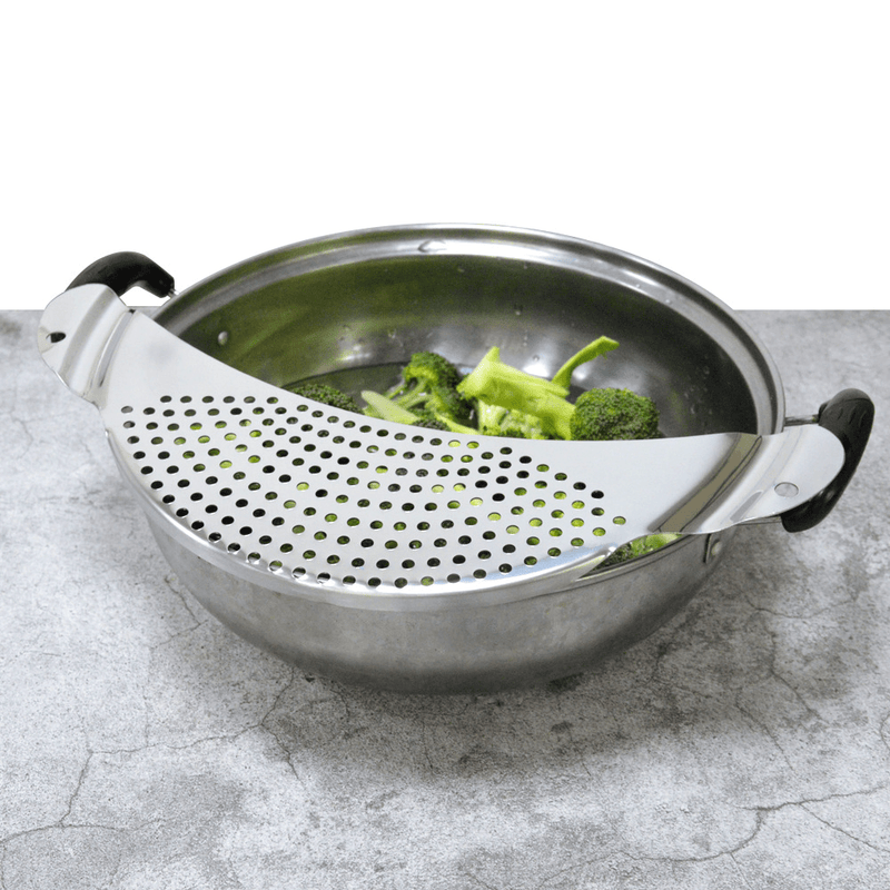 1 pieza de filtro lateral de sartén de cocina de acero inoxidable, sin carga, fácil de drenar, no necesita fuente de alimentación, fabricado con material de acero inoxidable, con separación de agua, para pasta, verduras, frutas, accesorios de cocina para