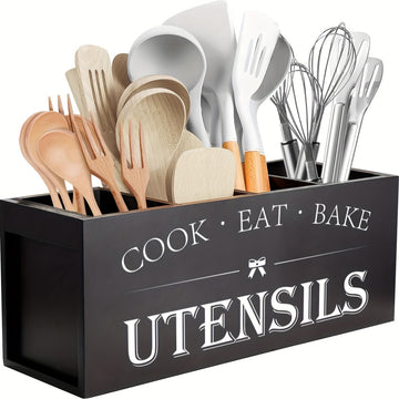 Porta utensilios de cocina de madera extra grande - Organizador de 4 compartimentos de decoración de granja rústica para encimera, cesta de madera barnizada ligera con diseño de montaje de tensión