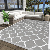 Alfombra reversible grande de plástico trenzado en gris y blanco, tapete portátil para exteriores, patio, terraza, balcón, camping y picnics, lavable a máquina, tapete para camping, alfombra decorativa para exteriores, alfombra de plástico resistente