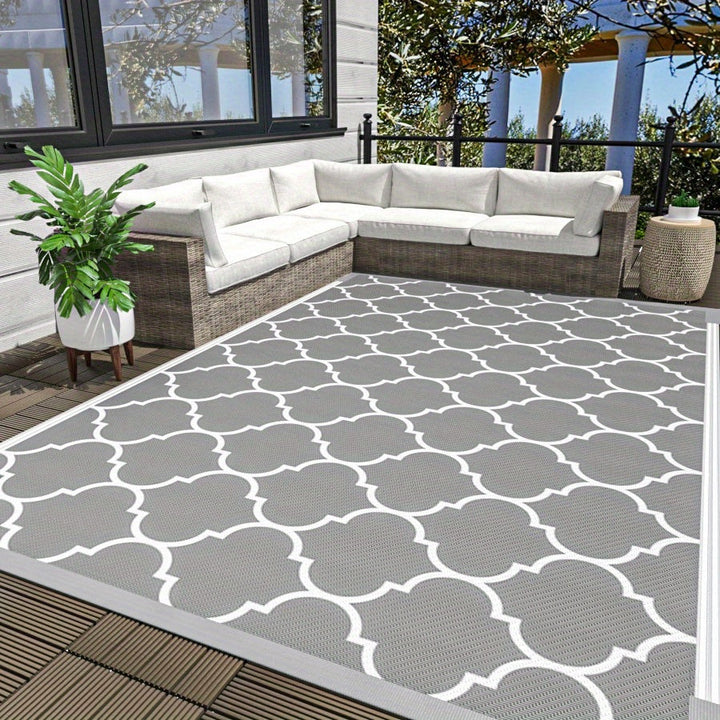 Alfombra reversible grande de plástico trenzado en gris y blanco, tapete portátil para exteriores, patio, terraza, balcón, camping y picnics, lavable a máquina, tapete para camping, alfombra decorativa para exteriores, alfombra de plástico resistente