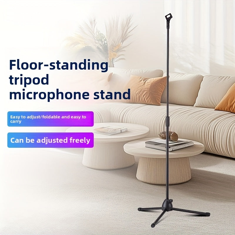 Soporte de Micrófono Ajustable para Suelo con Pinza, Base Triangular Resistente – Ideal para Transmisiones en Vivo y Karaoke: Canto en Casa, Fiestas Privadas, Discursos y Actuaciones al Aire Libre/Interior – Soporte Duradero Multiusos