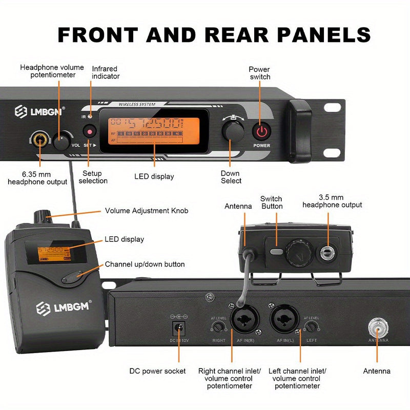 Sistema de monitoreo inalámbrico UHF AR2090-4 de LBMGM, con 4 unidades de cuerpo, 16 canales ajustables, rango de señal de 165 pies, para bandas, músicos y espectáculos de teatro.