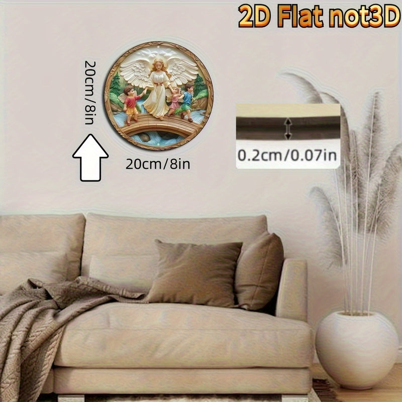 Arte de Pared Redondo de Madera con Ángel Guardián 2D Plano - Escena de Ángel y Arroyo, Perfecto para el Hogar, Oficina o Regalos del Día de San Patricio, Día de San Valentín, Decoración de Ángeles, 2D Plano