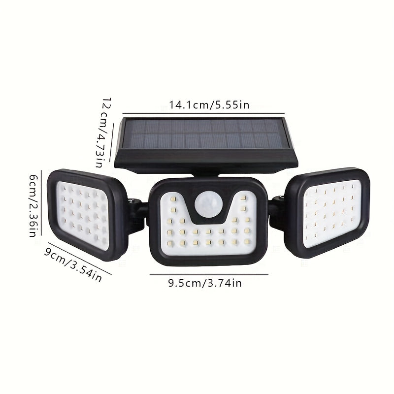 Lámparas solares para exteriores con 3 cabezales, luces solares para jardín y pared, 3 modos de iluminación con sensor de movimiento, ideales para patios, estadios, parques, hoteles, jardines, garajes, terrazas y pasillos