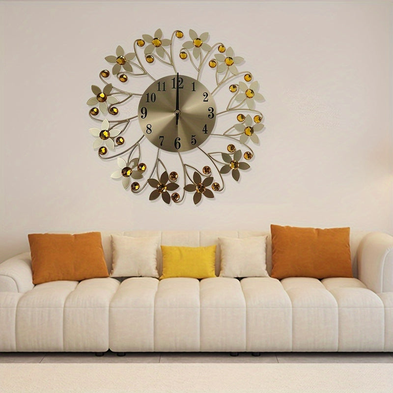 [Reloj Moderno de Flores Redondo] Reloj de Pared Silencioso Moderno Metálico de 14.17 pulgadas - 1 pza Diseño Redondo de Flores Fácil de Leer Con Cristales - Accesorio de Decoración para Sala de Estar y Dormitorio