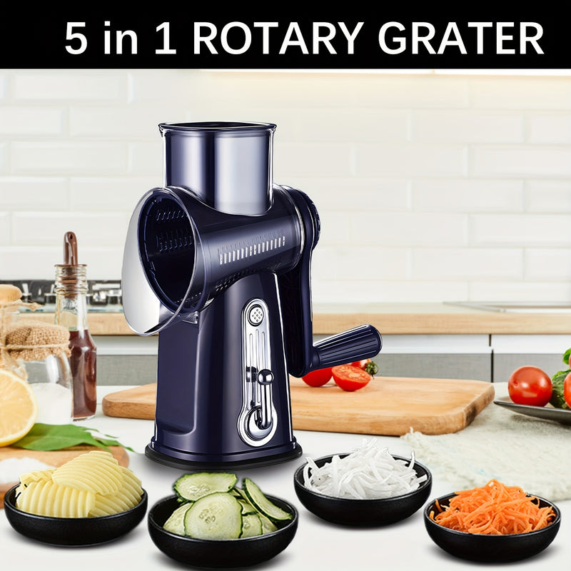 5 en 1, rallador de queso y cuchilla de verduras con mano de viento, cuchillas intercambiables de acero inoxidable, base de succión fuerte, fácil de limpiar, regalo ideal para la cocina, azul marino