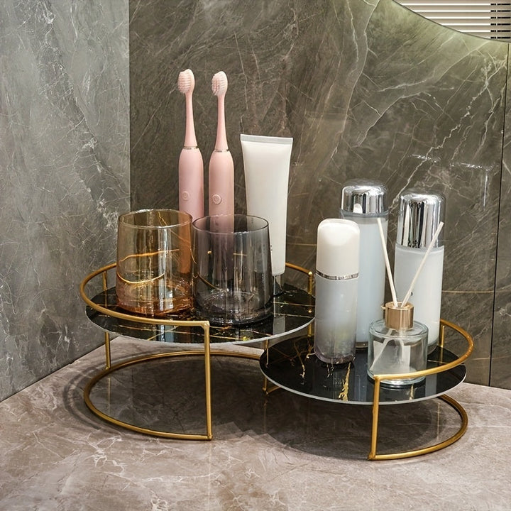 Juego de 2 bandejas para baño, modelo combinado grande + pequeña, placa base UV, marco metálico, adecuadas para encimeras de baños, dormitorios, oficinas, estantes de almacenamiento para escritorio