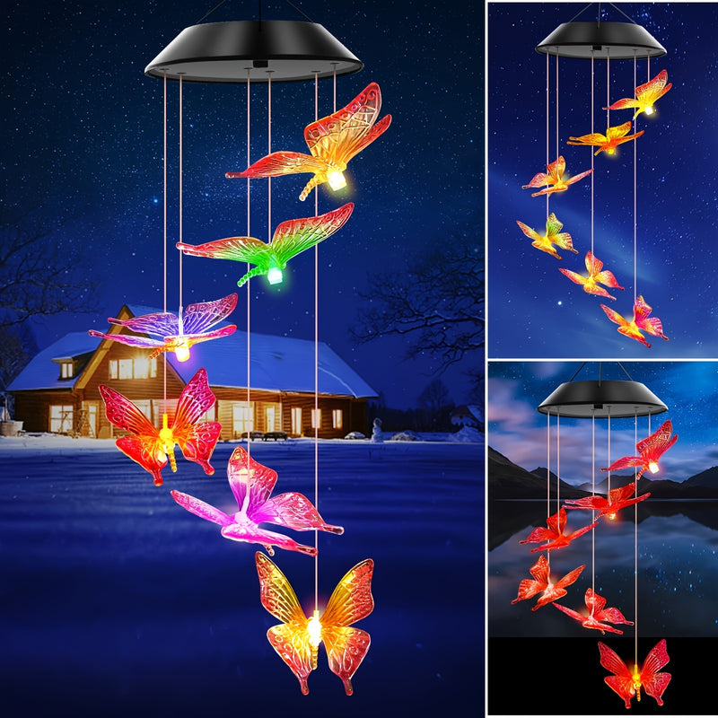 Campana de Viento con Luz de Mariposa a Energía Solar - Morado y Amarillo, No Necesita Cableado, Perfecta para Jardín, Patio y Decoración de Balcón, LED, Luz Nocturna