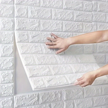 30 piezas de baldosas de espuma 3D tipo ladrillo DIY, autoadhesivas y fáciles de cortar, superficie texturizada para cocina, sala, baño o pasillo - 35 cm x 38 cm, blanco con detalles en gris y morado, diseño grueso y duradero