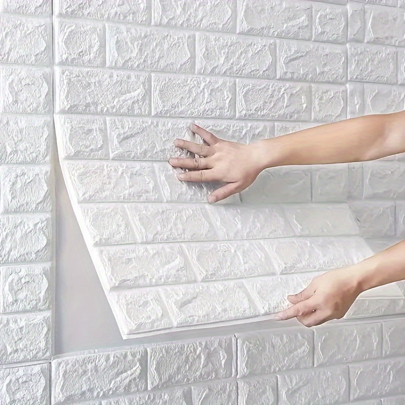 30 piezas de baldosas de espuma 3D tipo ladrillo DIY, autoadhesivas y fáciles de cortar, superficie texturizada para cocina, sala, baño o pasillo - 35 cm x 38 cm, blanco con detalles en gris y morado, diseño grueso y duradero