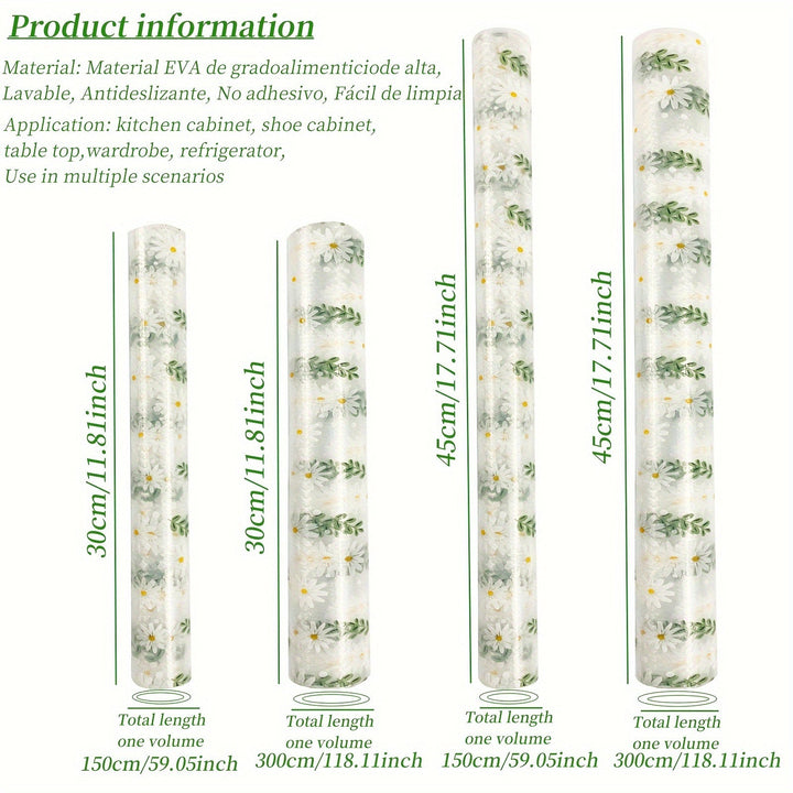 1 Rollo de Forro Impermeable para Cajones, Patrón de Hoja Verde Crisantemo Pequeño para Armarios y Encimeras de Cocina - Papel Especial para Zapateros, Alfombrilla EVA Antivaho para Nevera, Armario - Antideslizante y Cortable, Uso Múltiple en Varios Esce