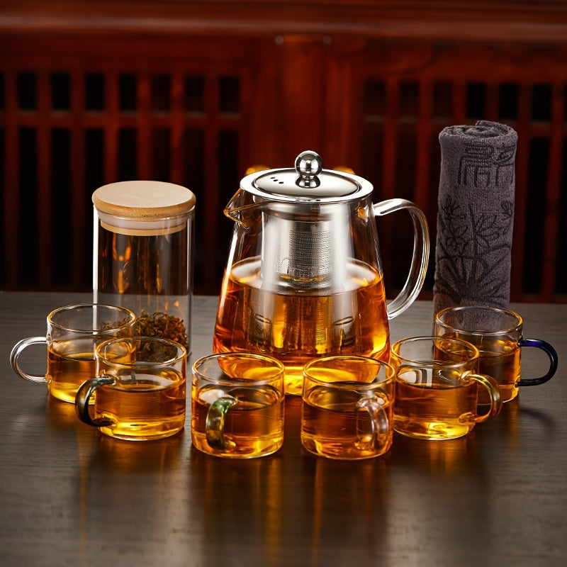 Juego de té de vidrio de borosilicato de alta calidad, capacidad de 15.2/43.9 onzas - tetera transparente resistente al calor con cesta de filtro de té, adecuada para uso doméstico, apta para todas las estaciones, perfecta para preparar té, jugos y bebid