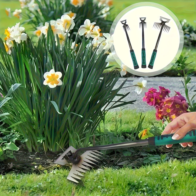 1 pieza Herramienta de Deshierbe Duradera de Acero al Manganeso - Rastrillo de Jardín Portátil con Mango Verde Ergonómico para la Fácil Eliminación de Suelos y Verduras Silvestres, Pala Manuales de Doble Propósito para Tareas de Jardinería, Jardinería Ma
