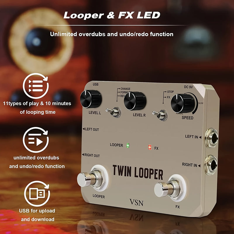 Pedal de Guitarra Eléctrica Twin Looper - Grabación de 10 Minutos, True Bypass, Sonido Analógico con 11 Efectos, Reproducción Inversa y Control de Movimiento Lento