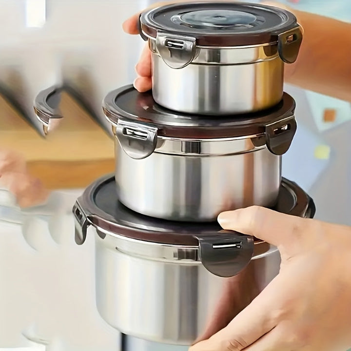 Juego de 3 Recipientes Herméticos para Alimentos de Acero Inoxidable con Tapas, Contenedores Reutilizables Antifugas para Ensaladas y Snacks, Boles Airtight, Esenciales de Cocina