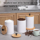 Juego de 3 contenedores metálicos herméticos, jarras de almacenamiento redondas blancas con tapas de bambú herméticas para encimeras de cocina, adecuadas para almacenar granos de café, té, bolsas de té, azúcar y granos - Reutilizables